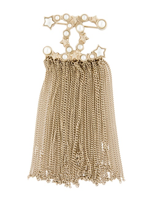Chanel Faux Pearl CC Chain Fringe Brooch