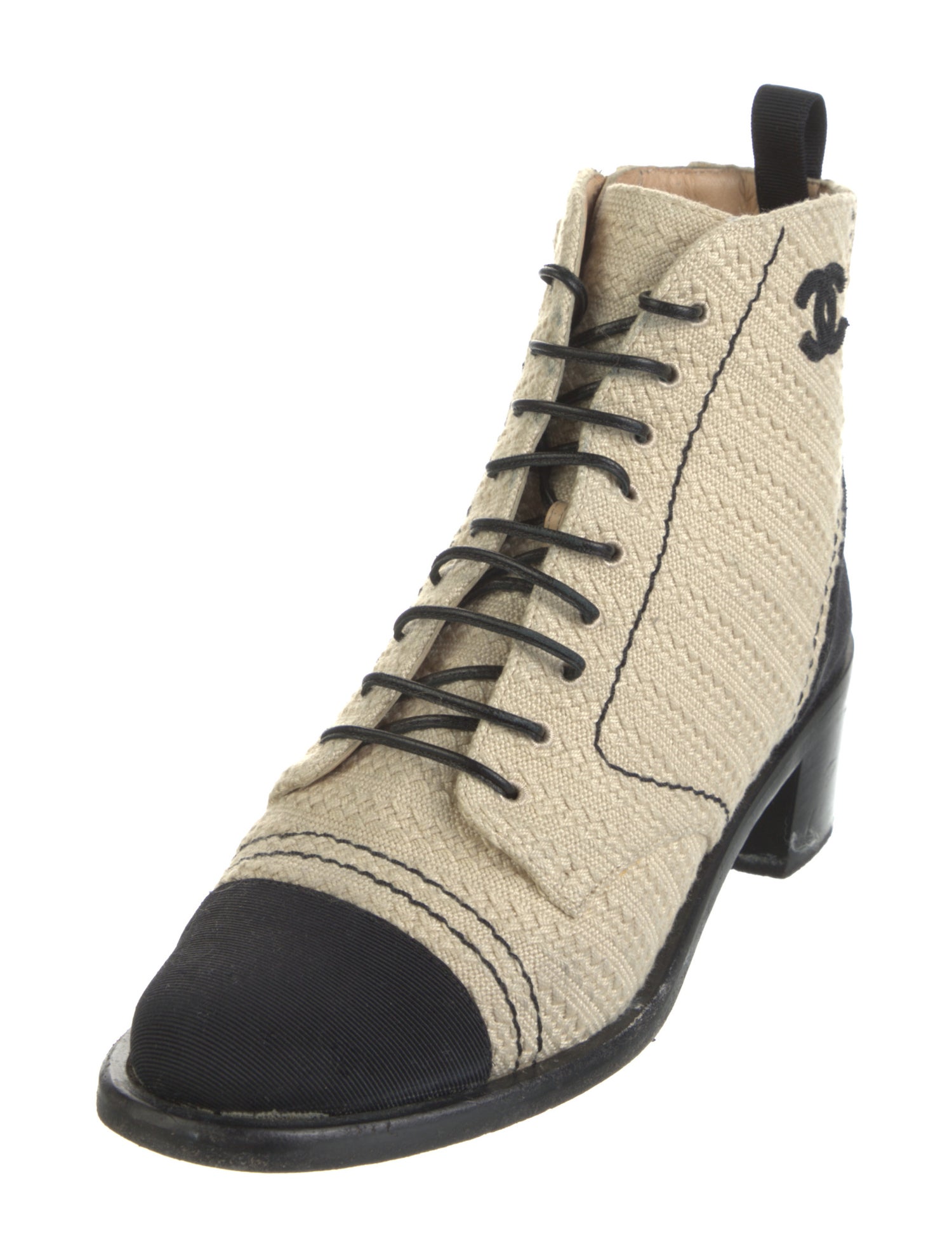 Chanel Interlocking CC Logo Tweed Lace-Up Boots