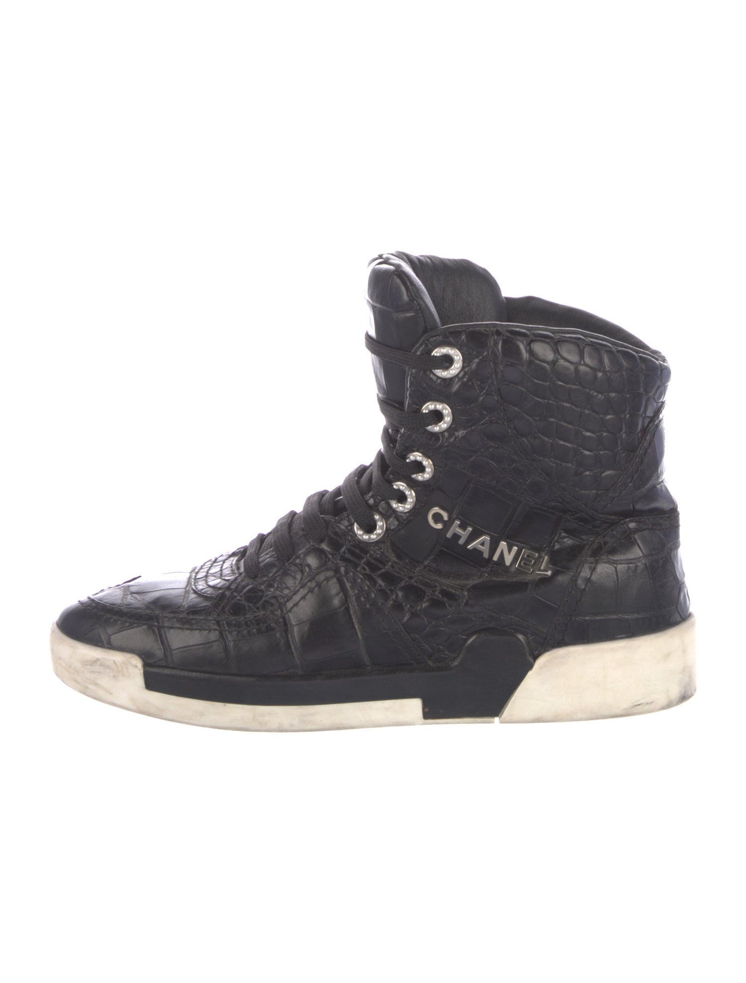 Chanel Faux Pearl Accents Embossed Leather Wedge Sneakers