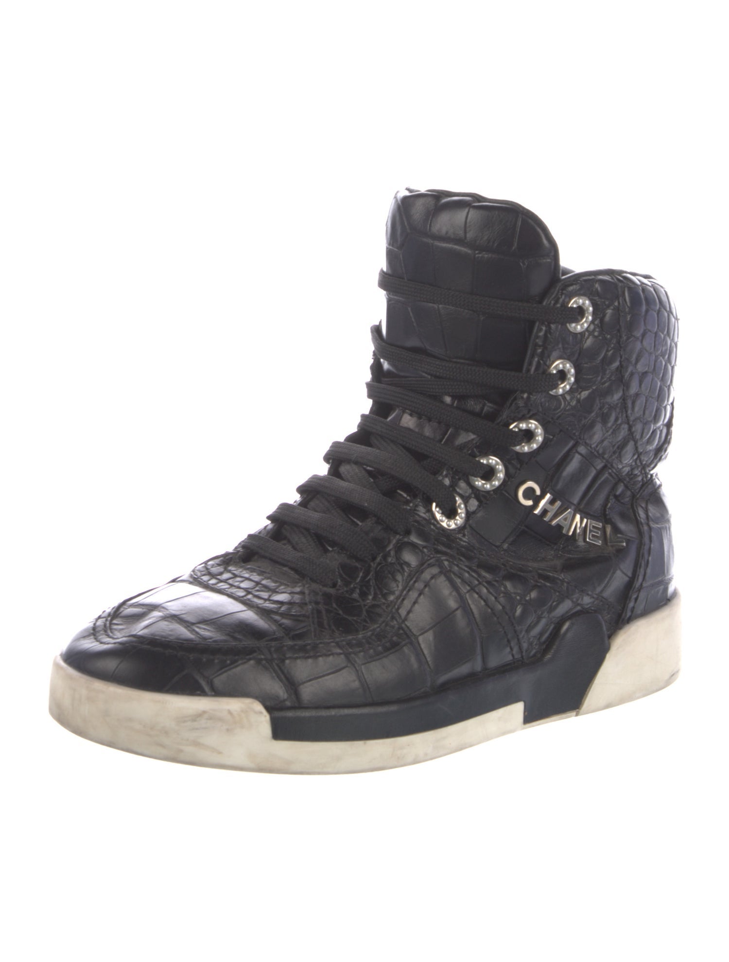 Chanel Faux Pearl Accents Embossed Leather Wedge Sneakers