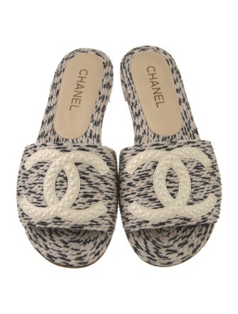 Chanel Interlocking CC Logo Tweed Slides