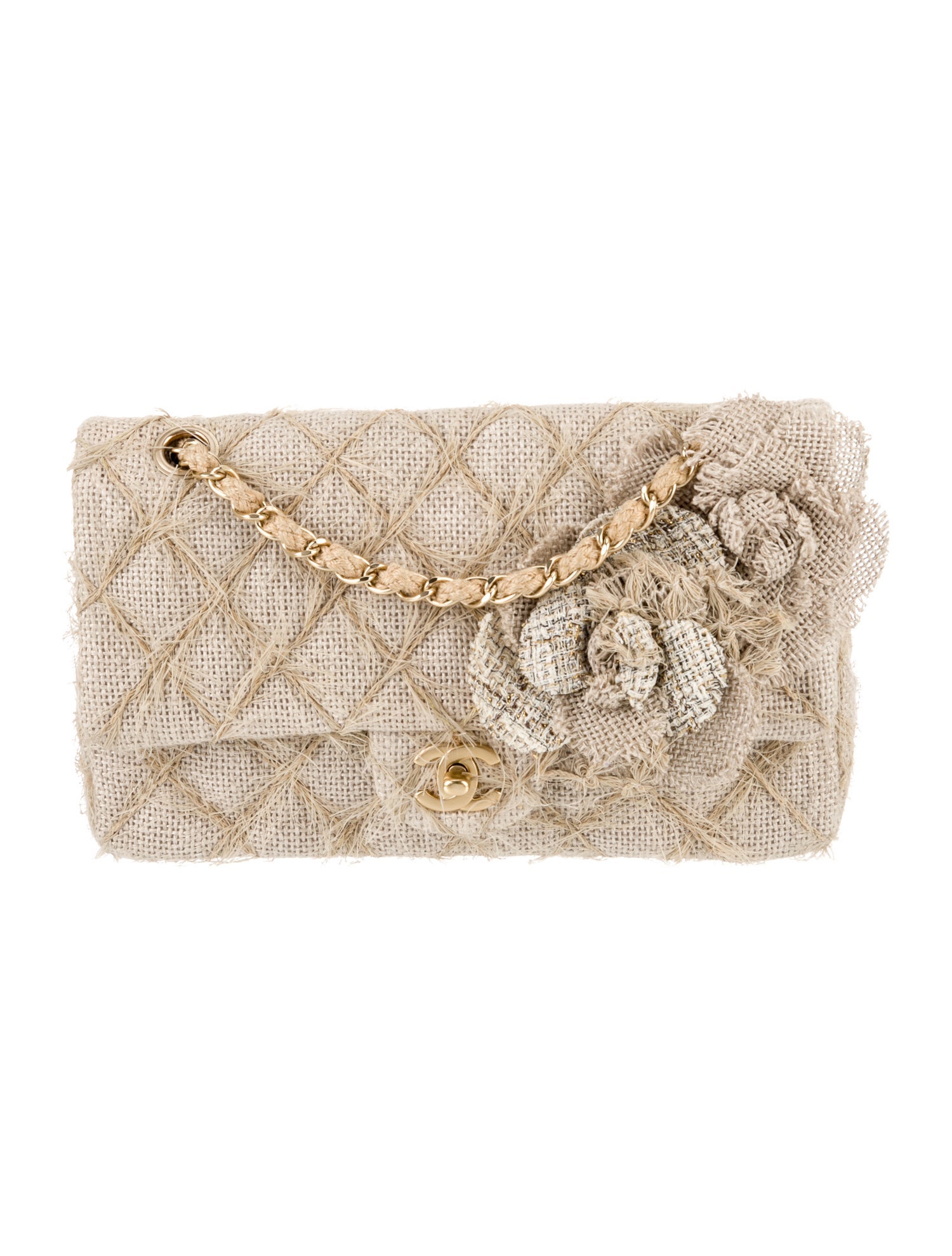 Chanel Medium Straw & Jute Camellia Flap Bag