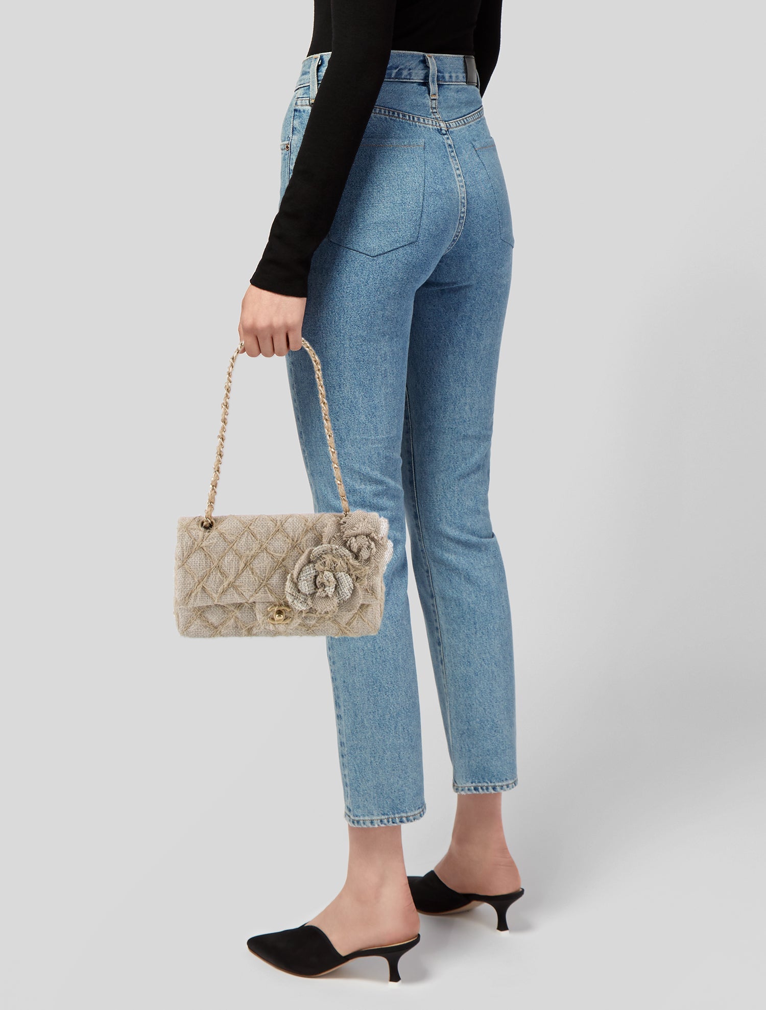 Chanel Medium Straw & Jute Camellia Flap Bag