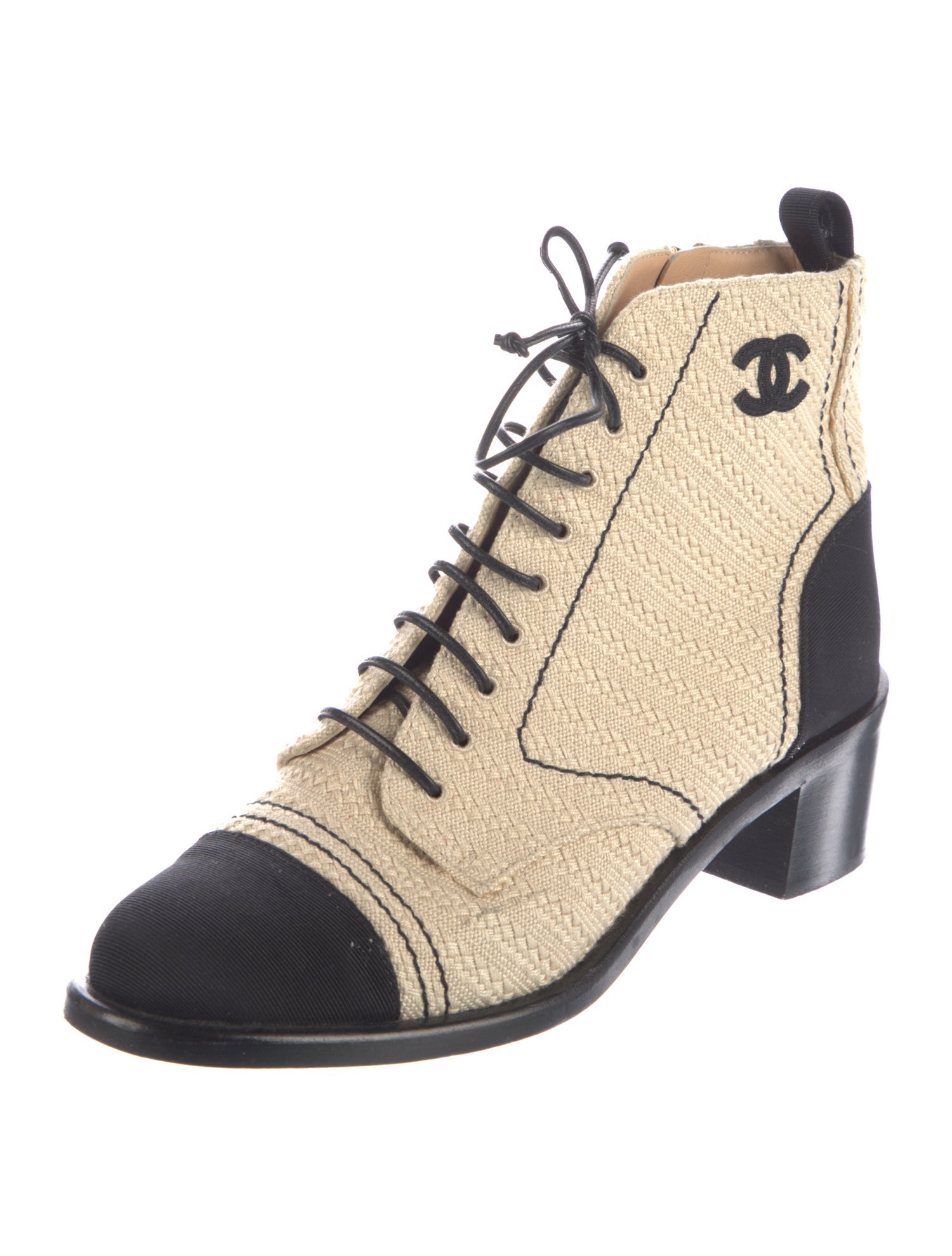 Chanel Interlocking CC Logo Grosgrain Trim Lace-Up Boots