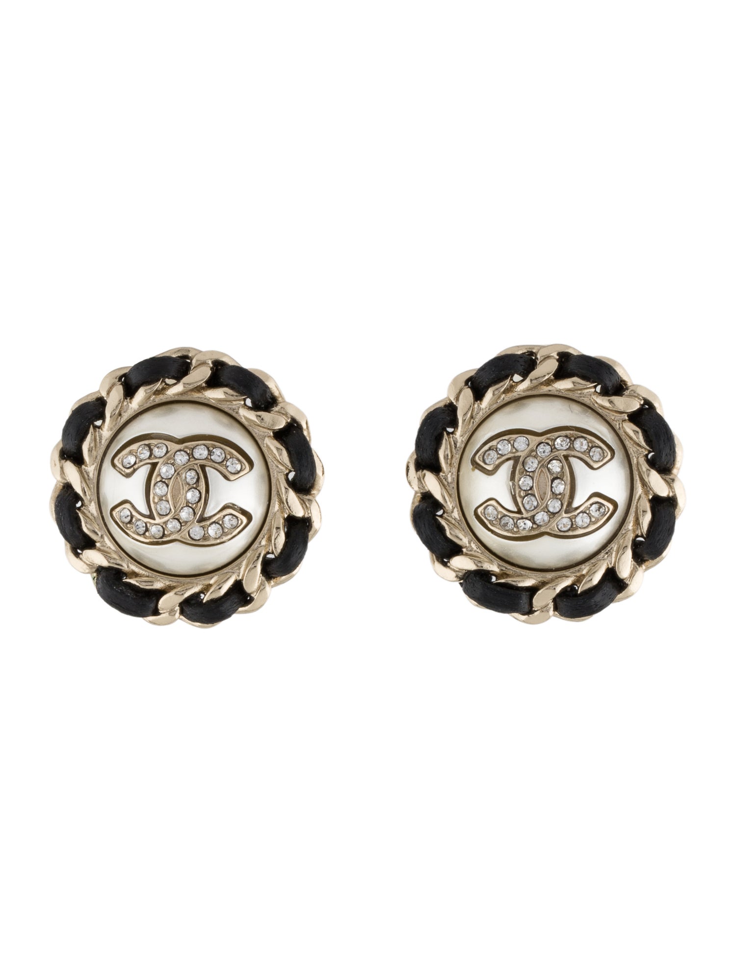 Chanel 2021 Faux Pearl, Strass & Leather Woven CC Clip-On Earrings