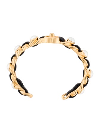 Chanel Faux Pearl & Leather CC Cuff Bracelet