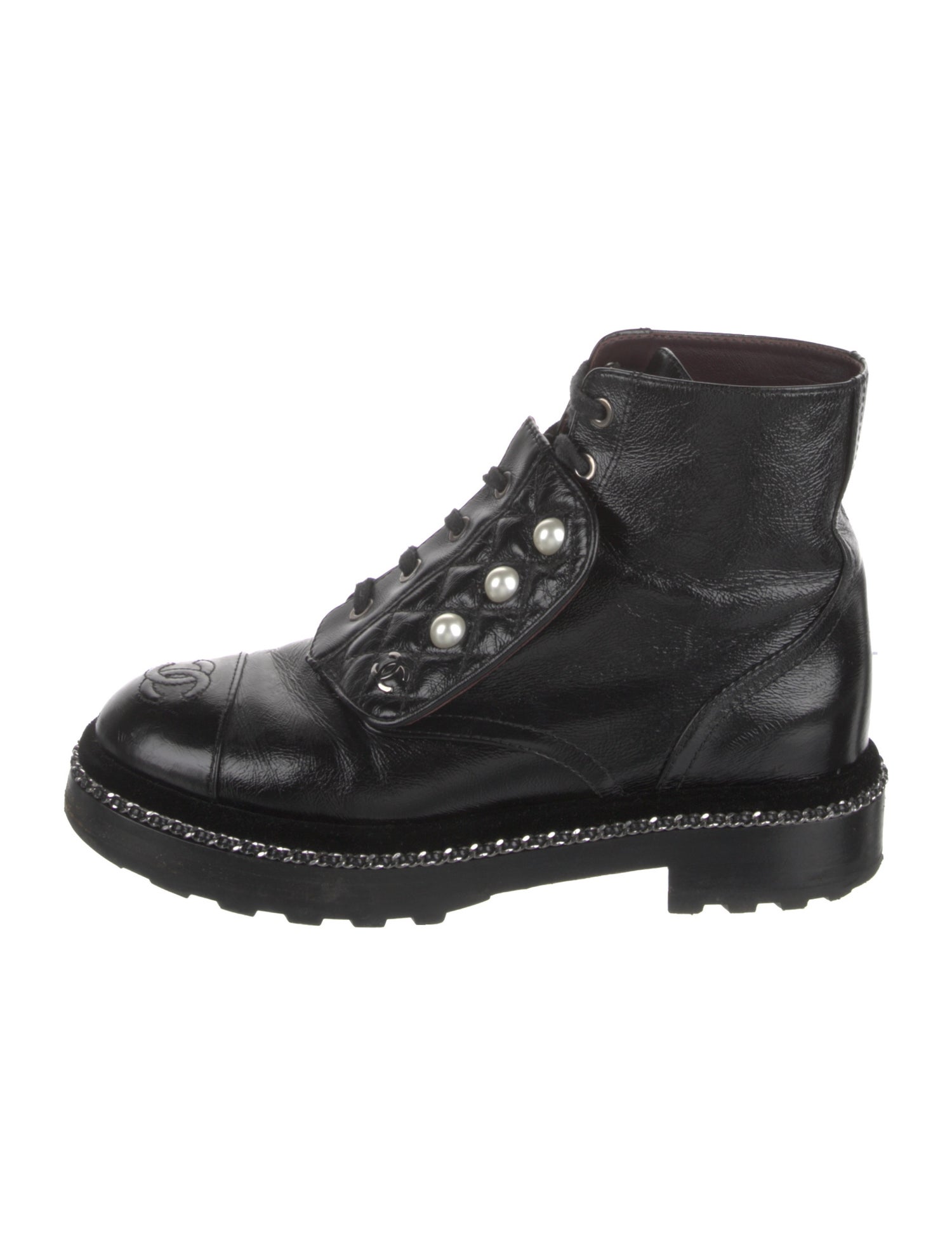 Chanel Interlocking CC Logo Patent Leather Combat Boots