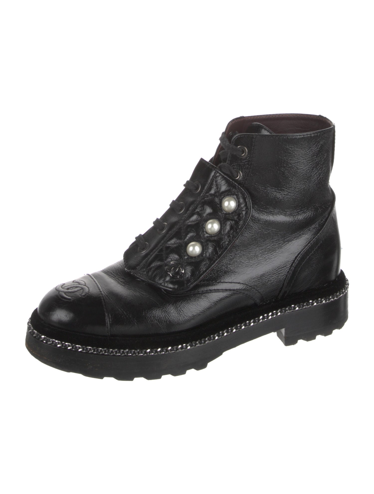 Chanel Interlocking CC Logo Patent Leather Combat Boots