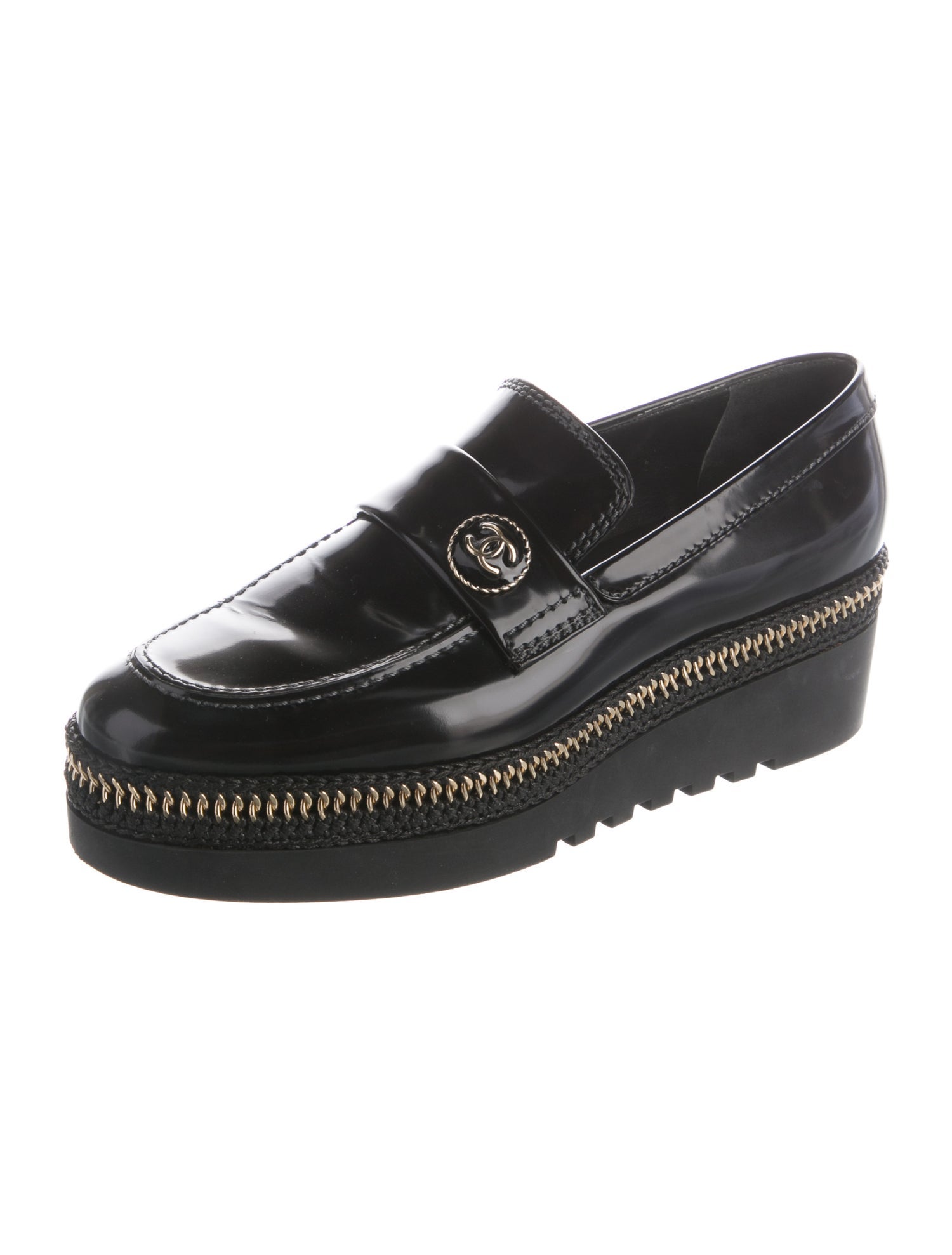 Chanel Interlocking CC Logo Patent Leather Loafers