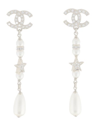 Chanel 2023 Faux Pearl & Strass CC Drop Earrings