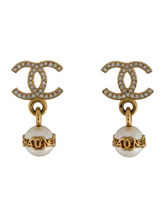 Chanel 2023 Faux Pearl & Strass CC Drop Earrings