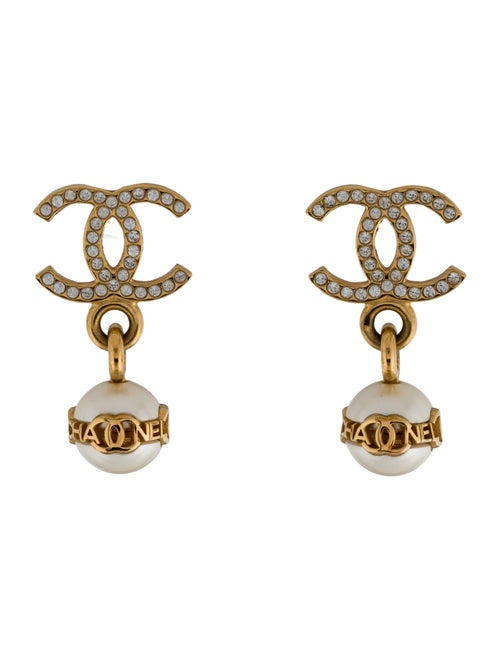 Chanel 2023 Faux Pearl & Strass CC Drop Earrings