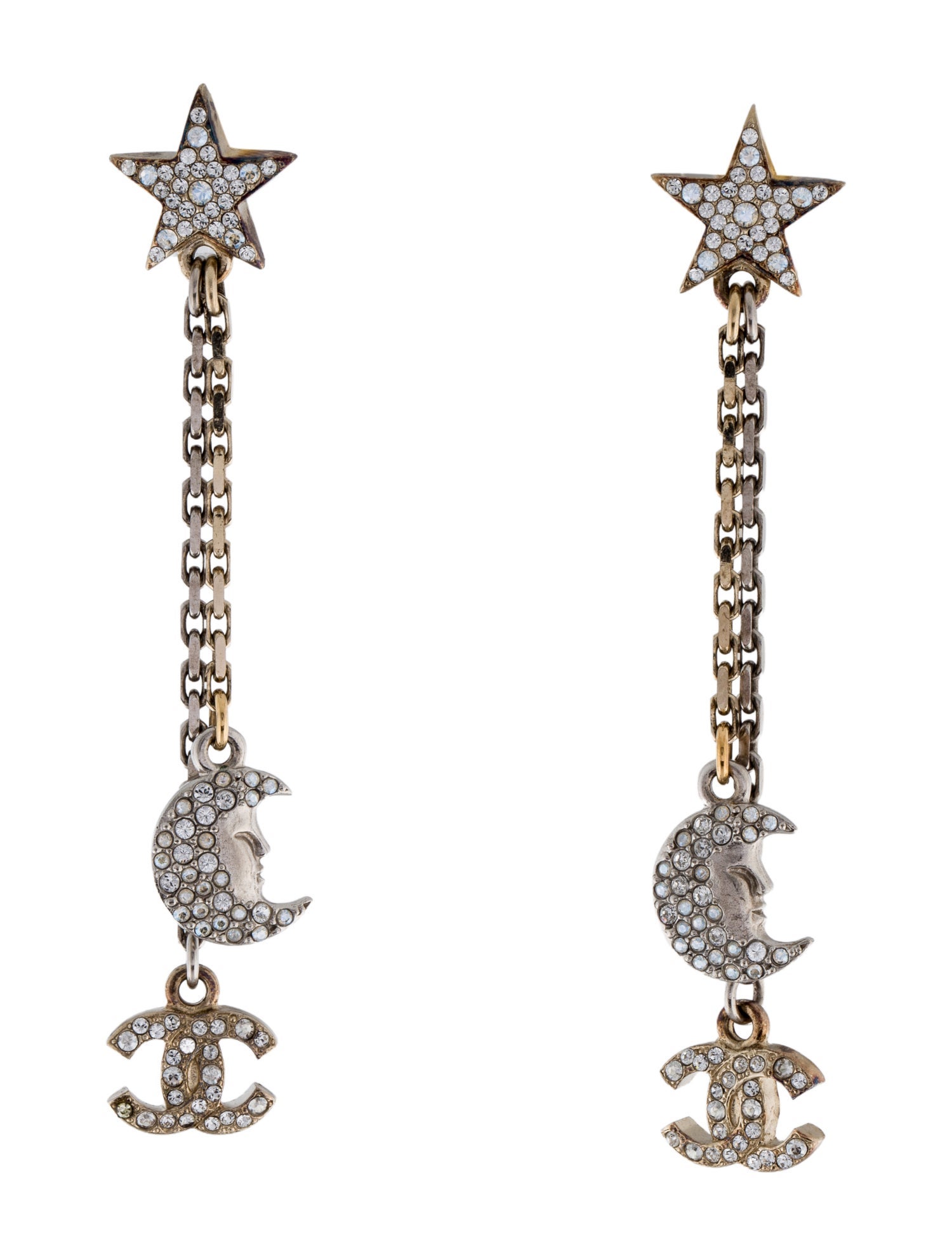 Chanel Strass CC Star & Moon Drop Earrings