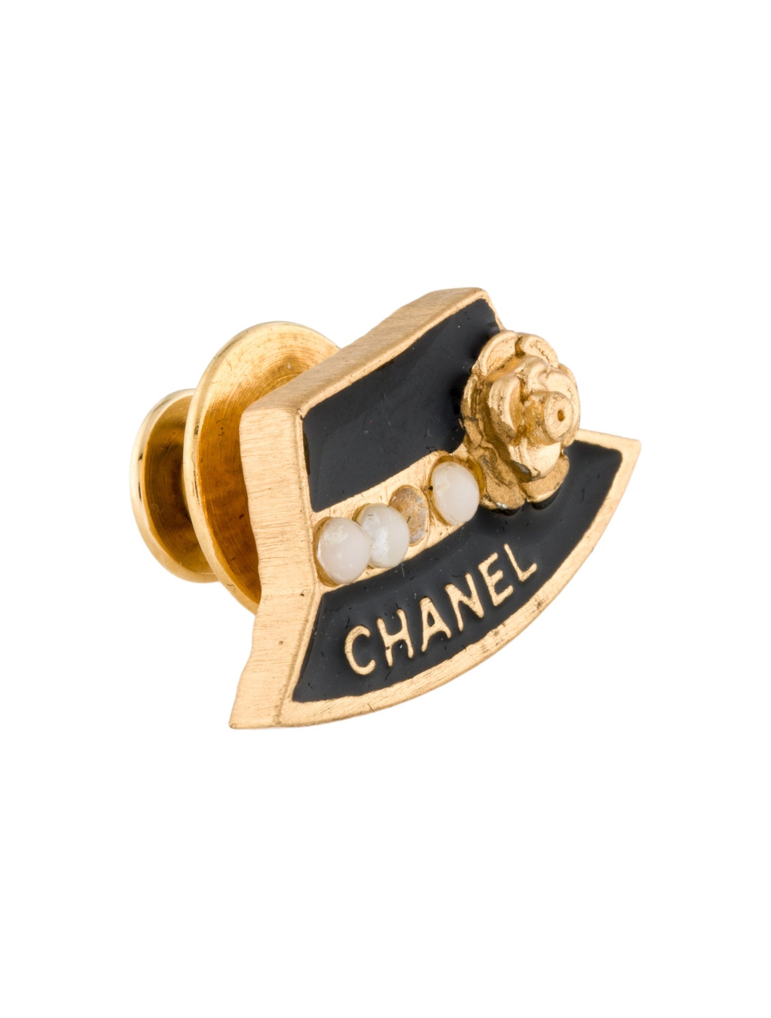 Chanel Faux Pearl & Enamel Logo Hat Pin