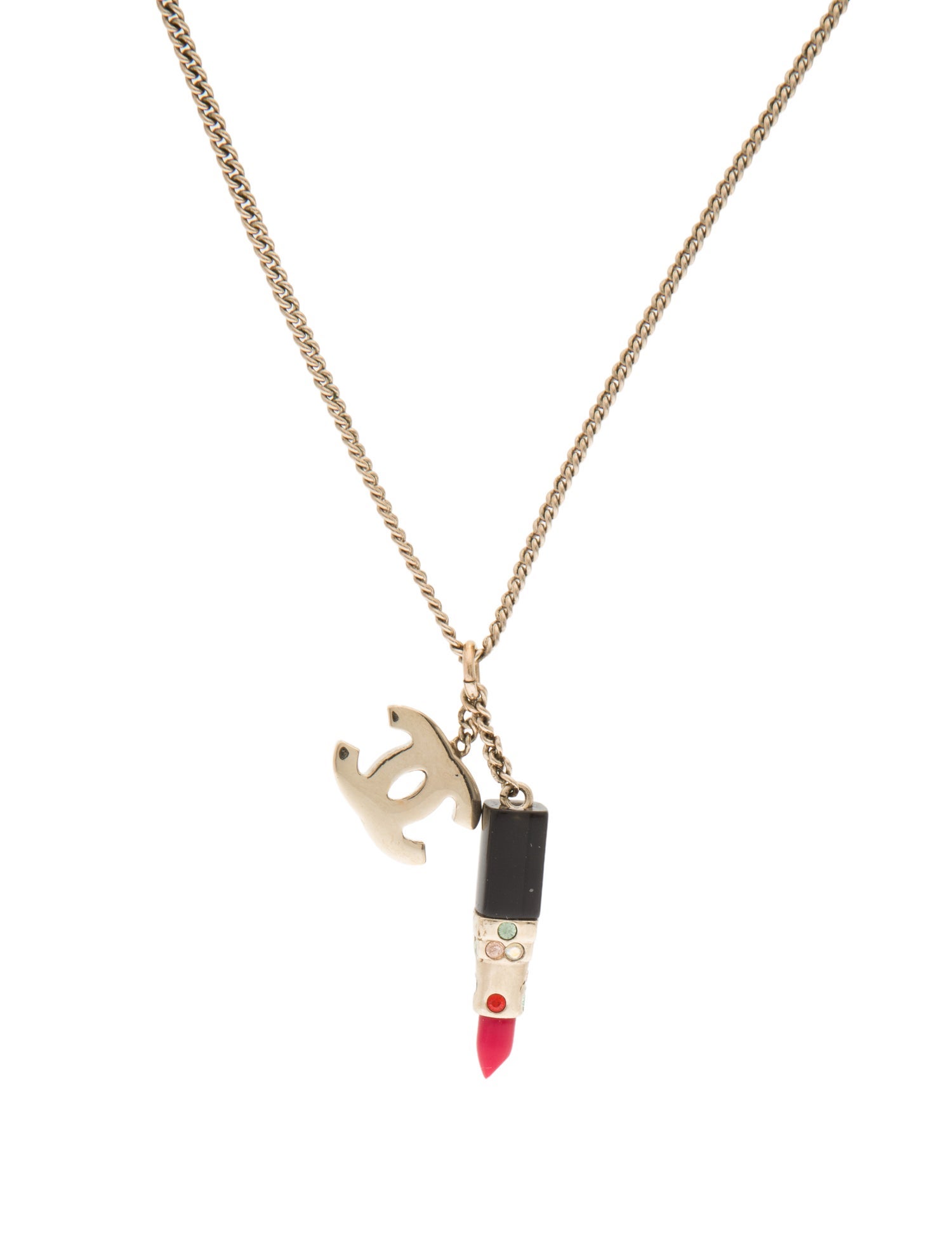 Chanel Crystal & Resin Lipstick CC Pendant Necklace