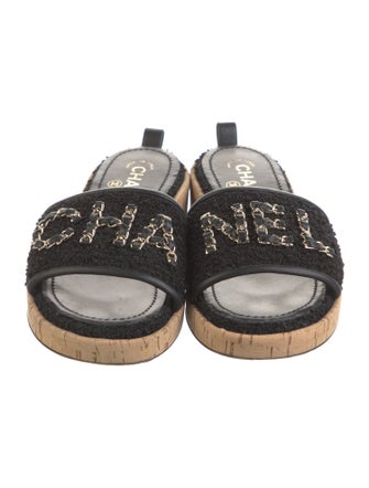 Chanel Chain-Link Accent Tweed Slides