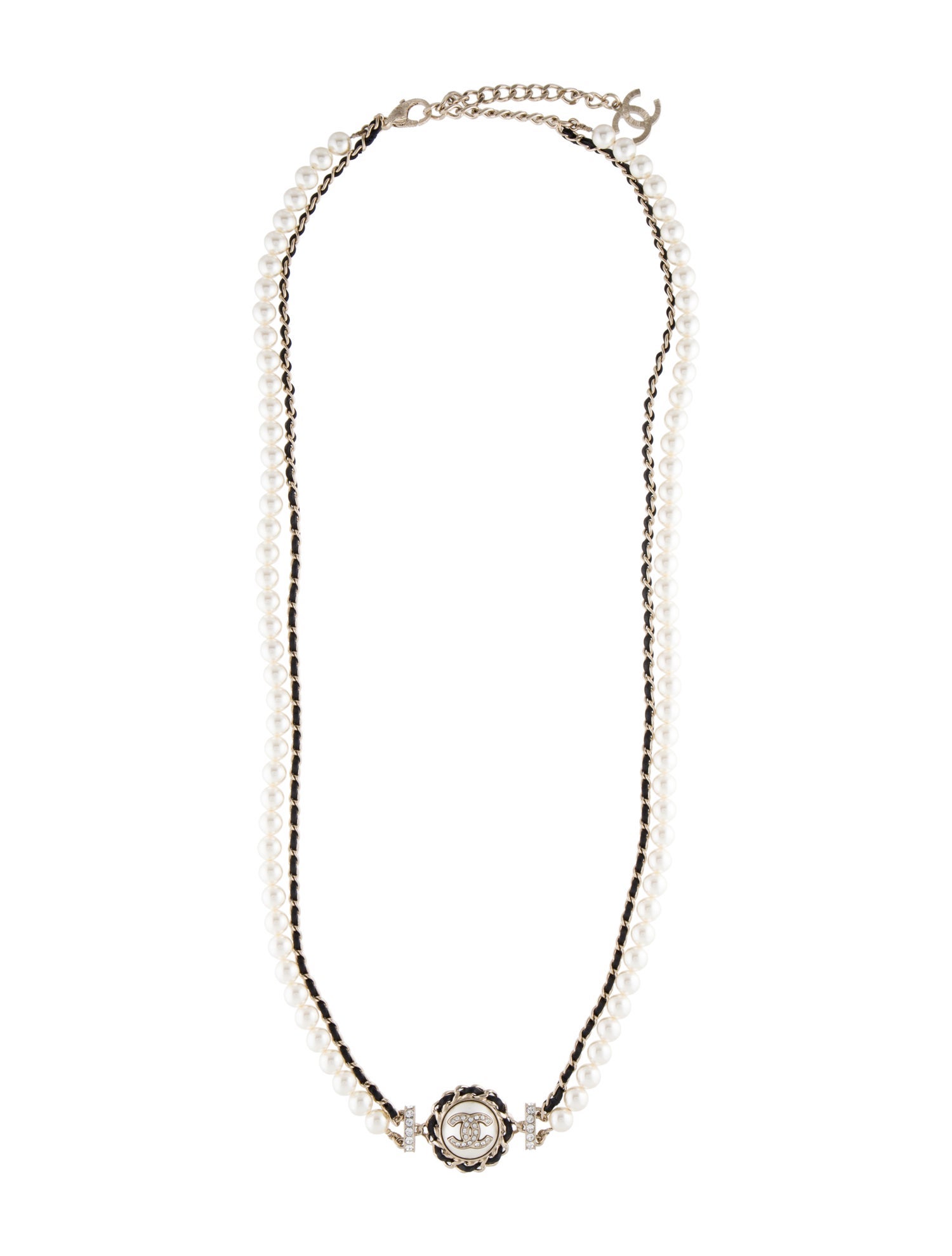 Chanel Faux Pearl, Leather & Strass CC Double Strand Necklace