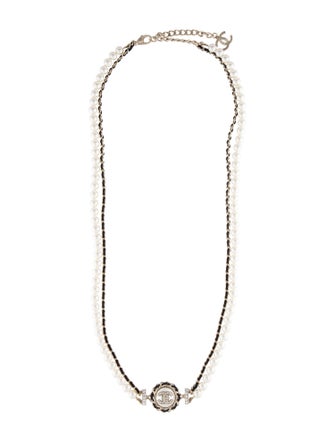 Chanel Faux Pearl, Leather & Strass CC Double Strand Necklace