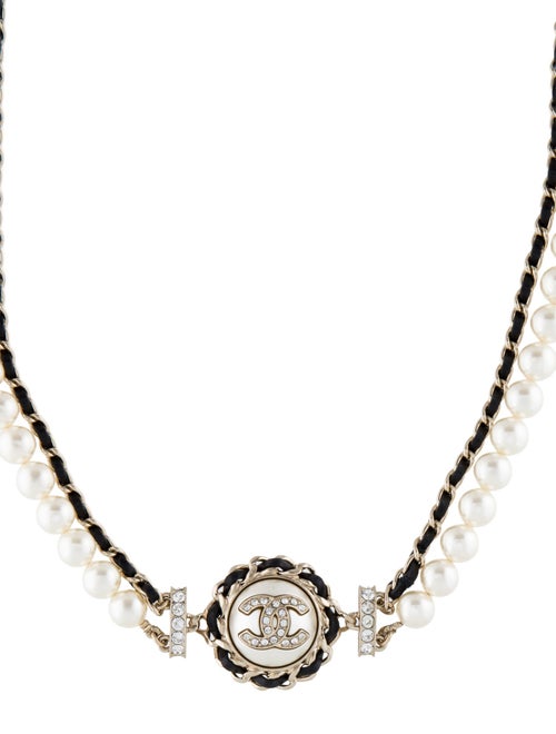 Chanel Faux Pearl, Leather & Strass CC Double Strand Necklace