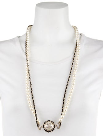 Chanel Faux Pearl, Leather & Strass CC Double Strand Necklace