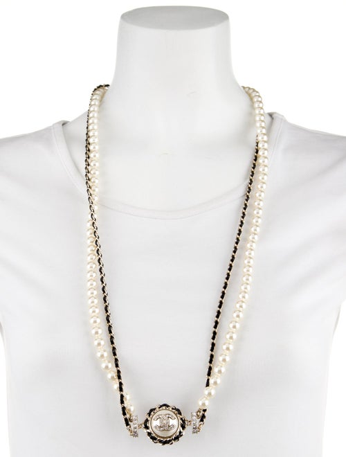 Chanel Faux Pearl, Leather & Strass CC Double Strand Necklace