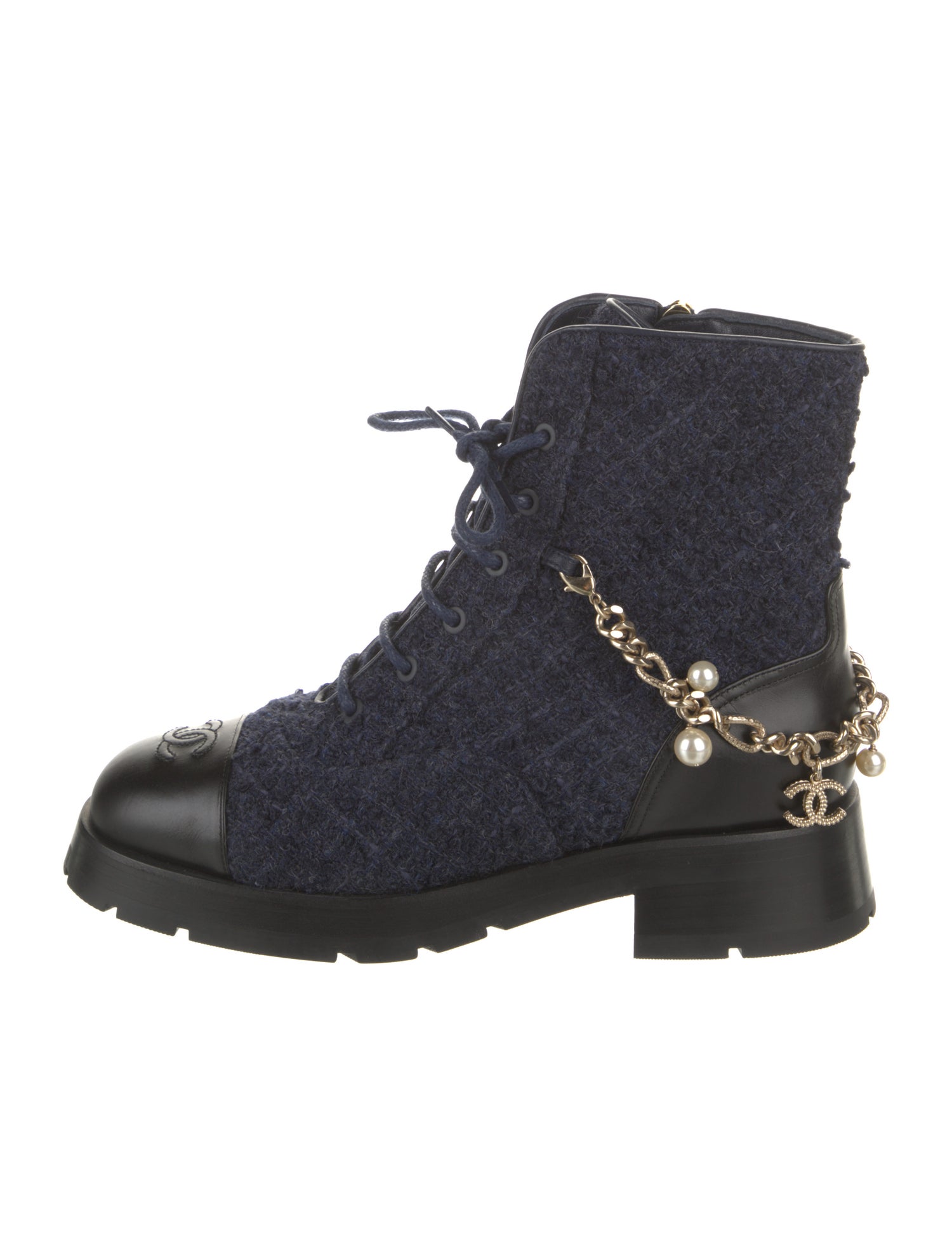 Chanel Interlocking CC Logo Tweed Combat Boots