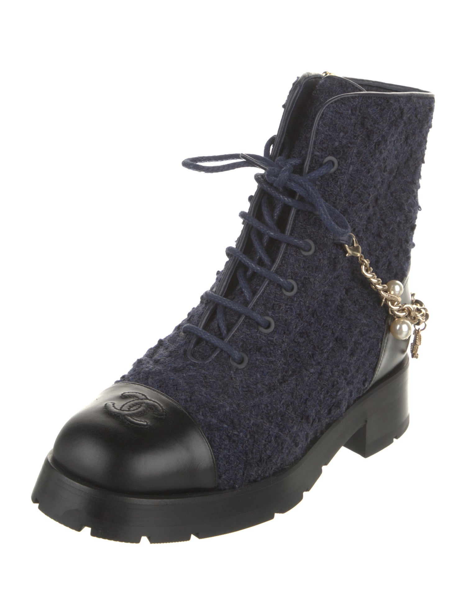 Chanel Interlocking CC Logo Tweed Combat Boots