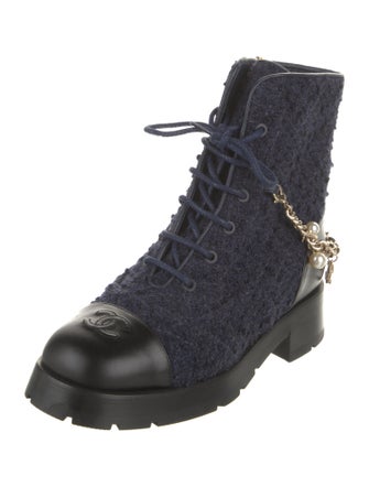 Chanel Interlocking CC Logo Tweed Combat Boots