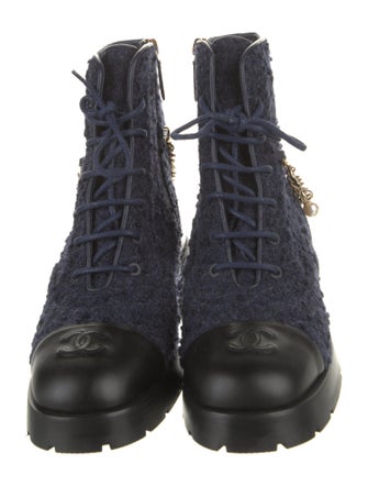 Chanel Interlocking CC Logo Tweed Combat Boots