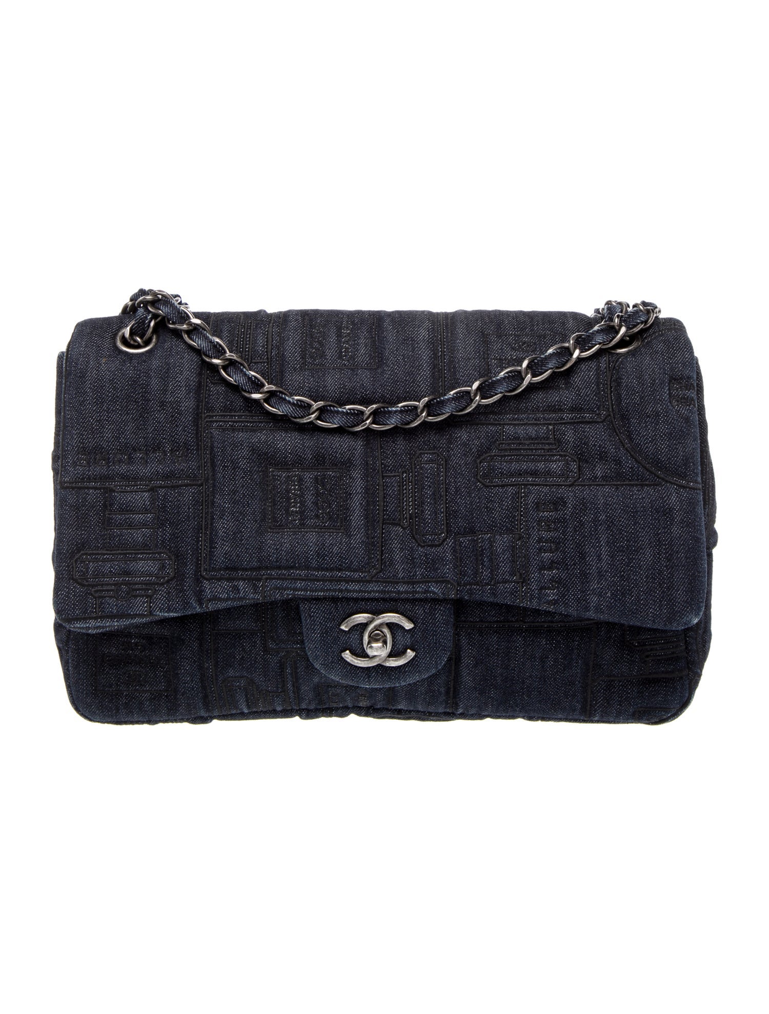 Chanel Denim Perfume Embroidered Jumbo Flap Bag