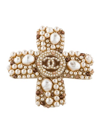 Chanel Faux Pearl & Enamel CC Cross Convertible Pendant Brooch