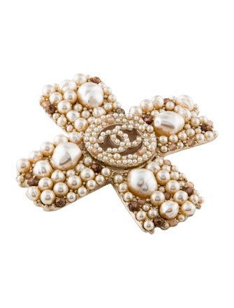 Chanel Faux Pearl & Enamel CC Cross Convertible Pendant Brooch