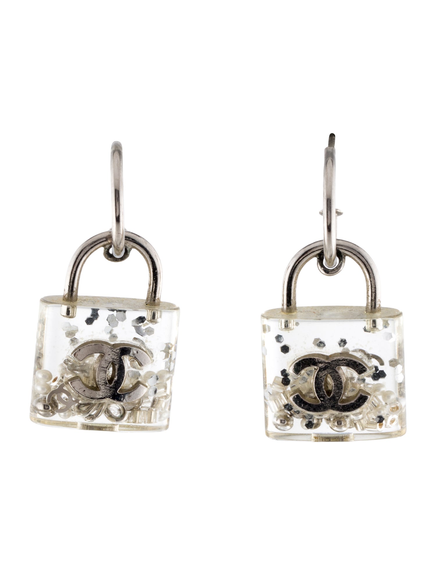 Chanel Faux Pearl & Resin CC Logo Padlock Drop Earrings