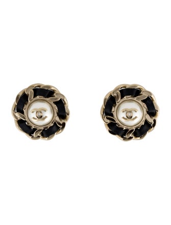 Chanel Leather & Faux Pearl CC Stud Earrings