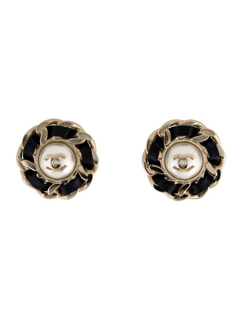 Chanel Leather & Faux Pearl CC Stud Earrings