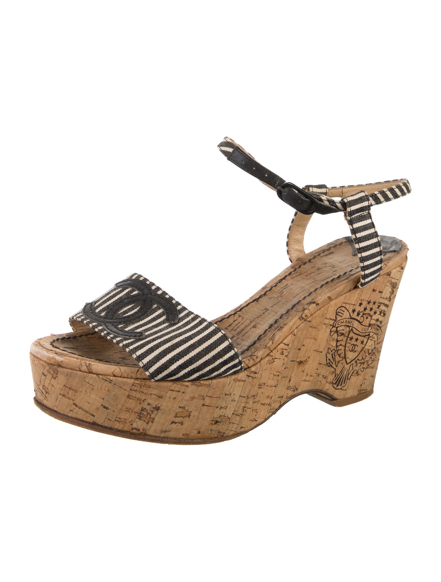 Chanel Interlocking CC Logo Leather Trim Embellishment Sandals