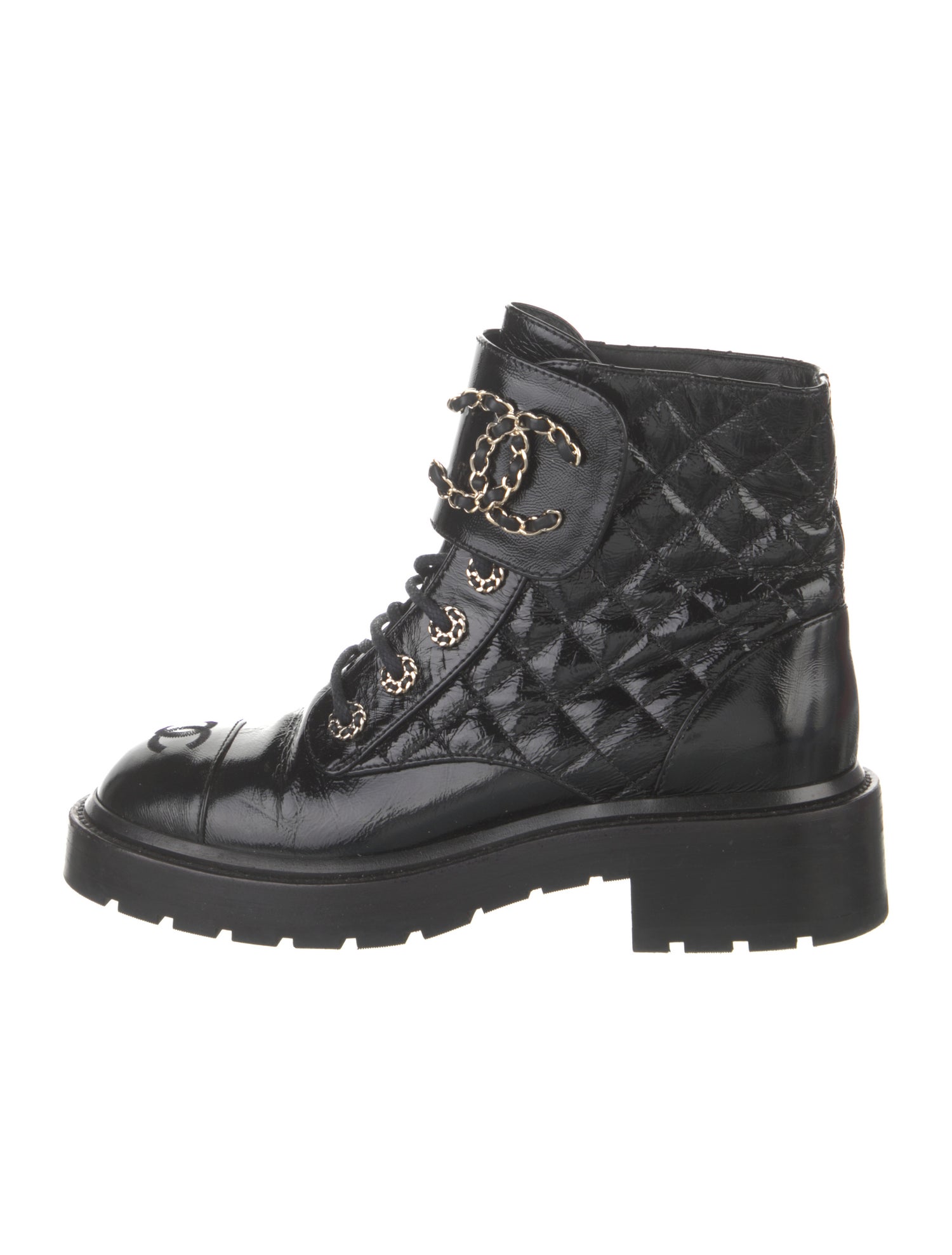 Chanel Interlocking CC Logo Patent Leather Combat Boots