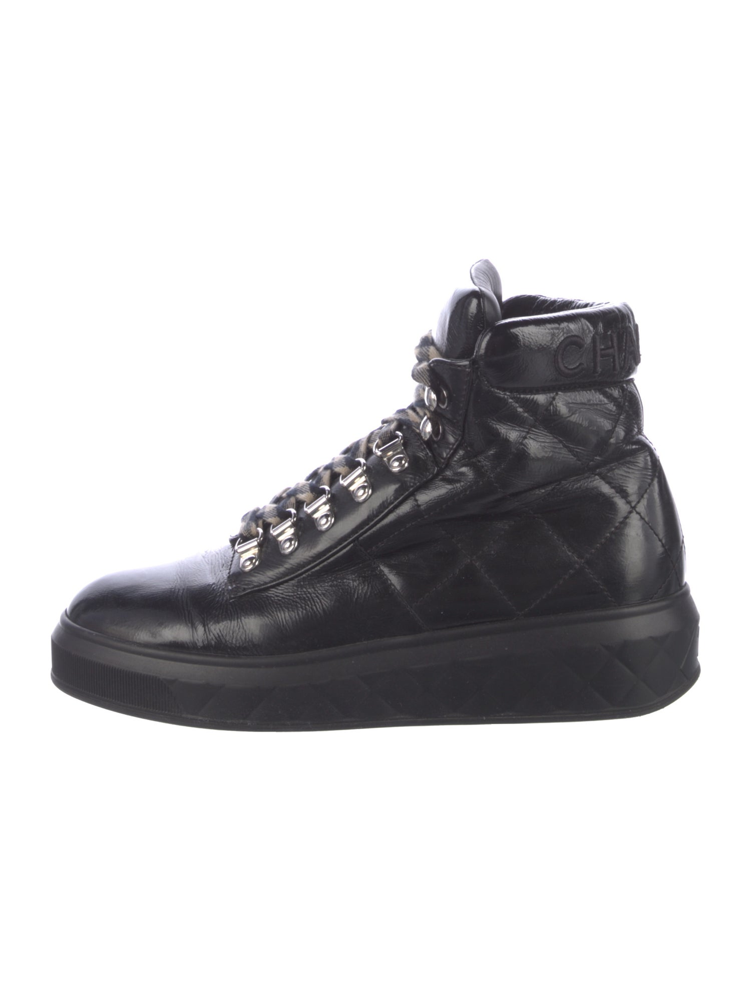 Chanel Interlocking CC Logo Patent Leather Combat Boots