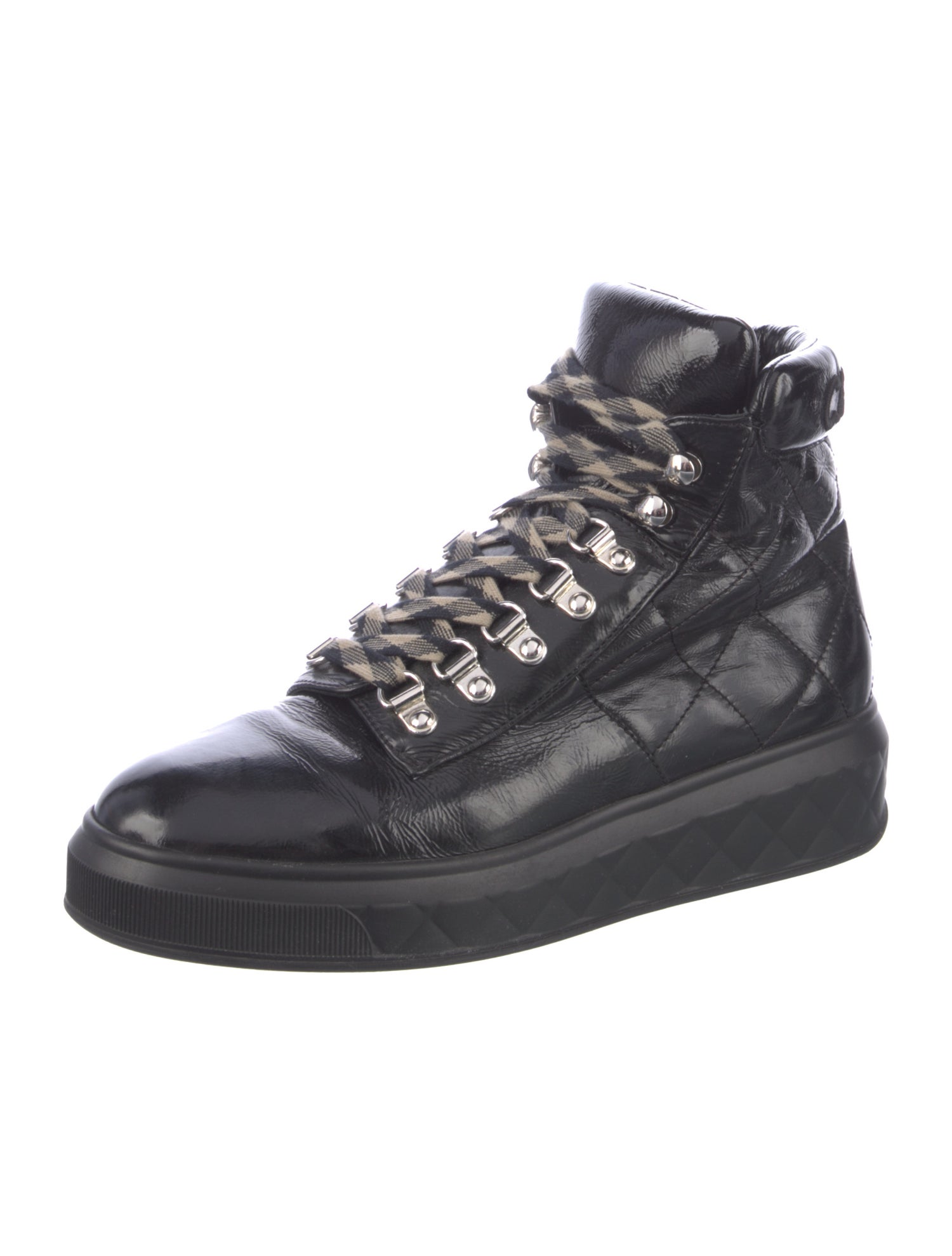 Chanel Interlocking CC Logo Patent Leather Combat Boots