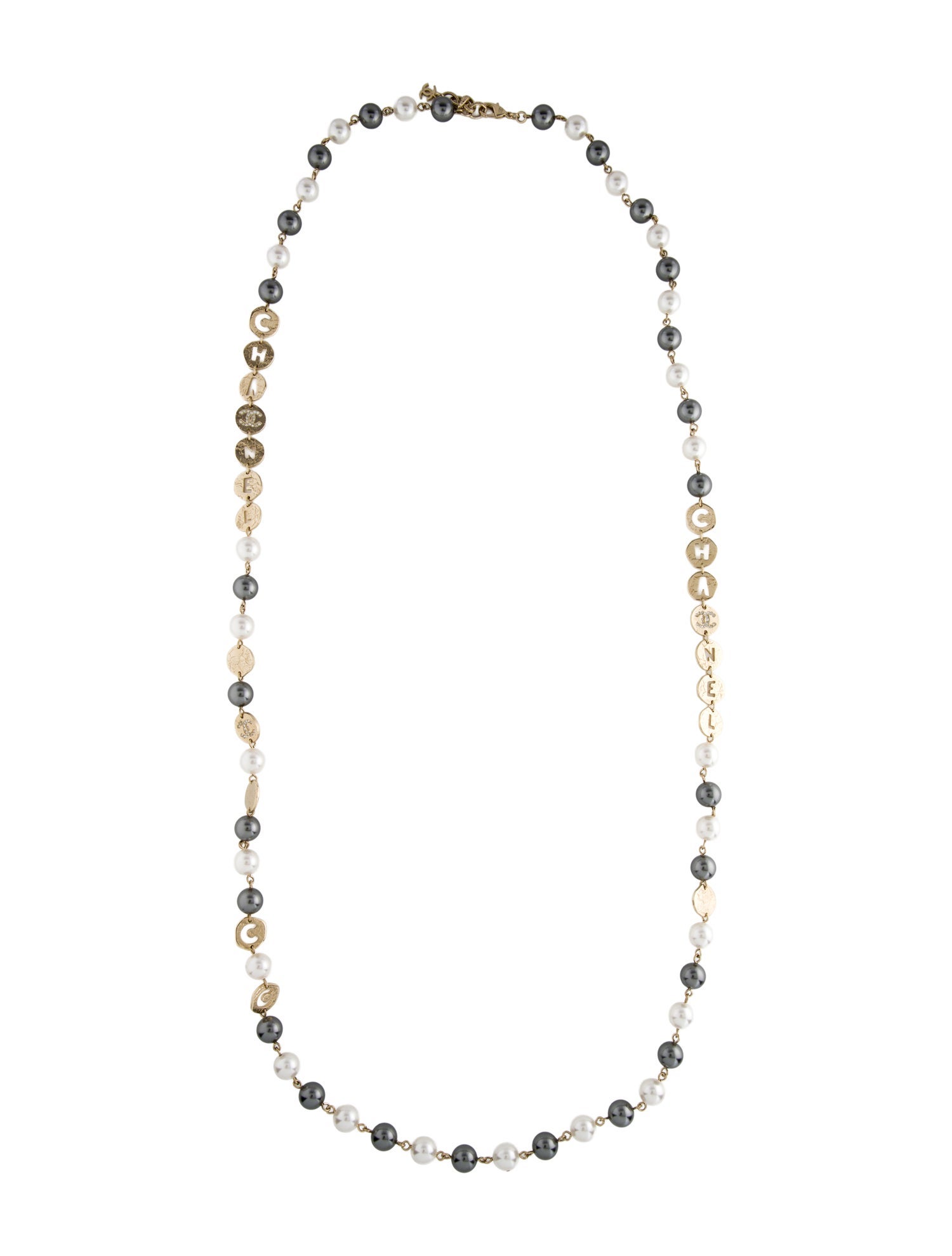 Chanel Faux Pearl & Strass Logo Bead Strand Necklace