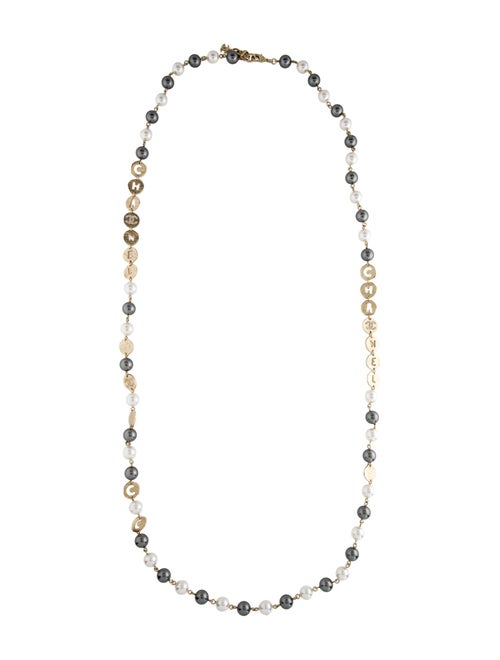 Chanel Faux Pearl & Strass Logo Bead Strand Necklace