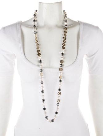 Chanel Faux Pearl & Strass Logo Bead Strand Necklace