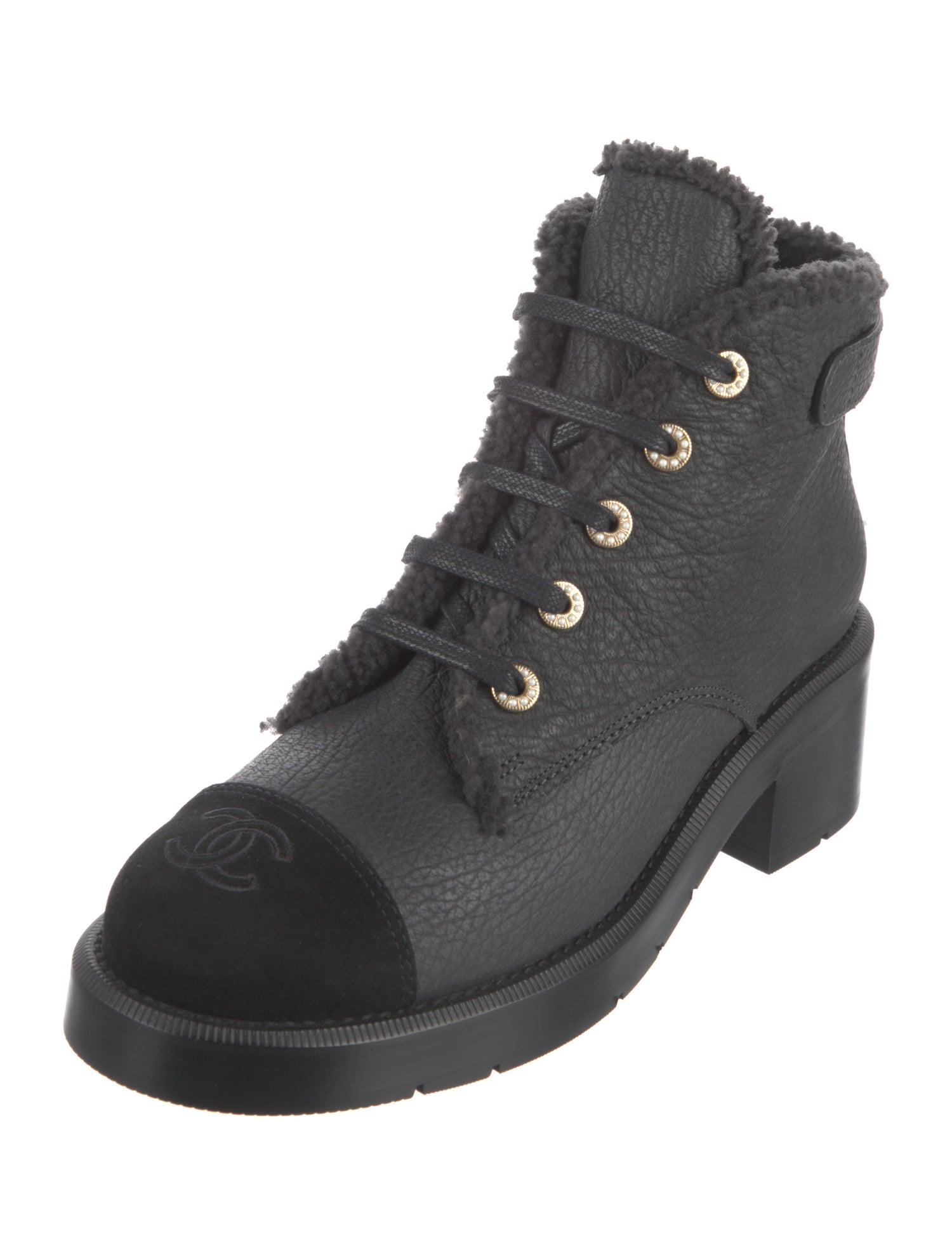 Chanel Interlocking CC Logo Shearling Combat Boots