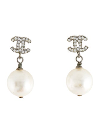 Chanel Strass & Faux Pearl CC Drop Earrings
