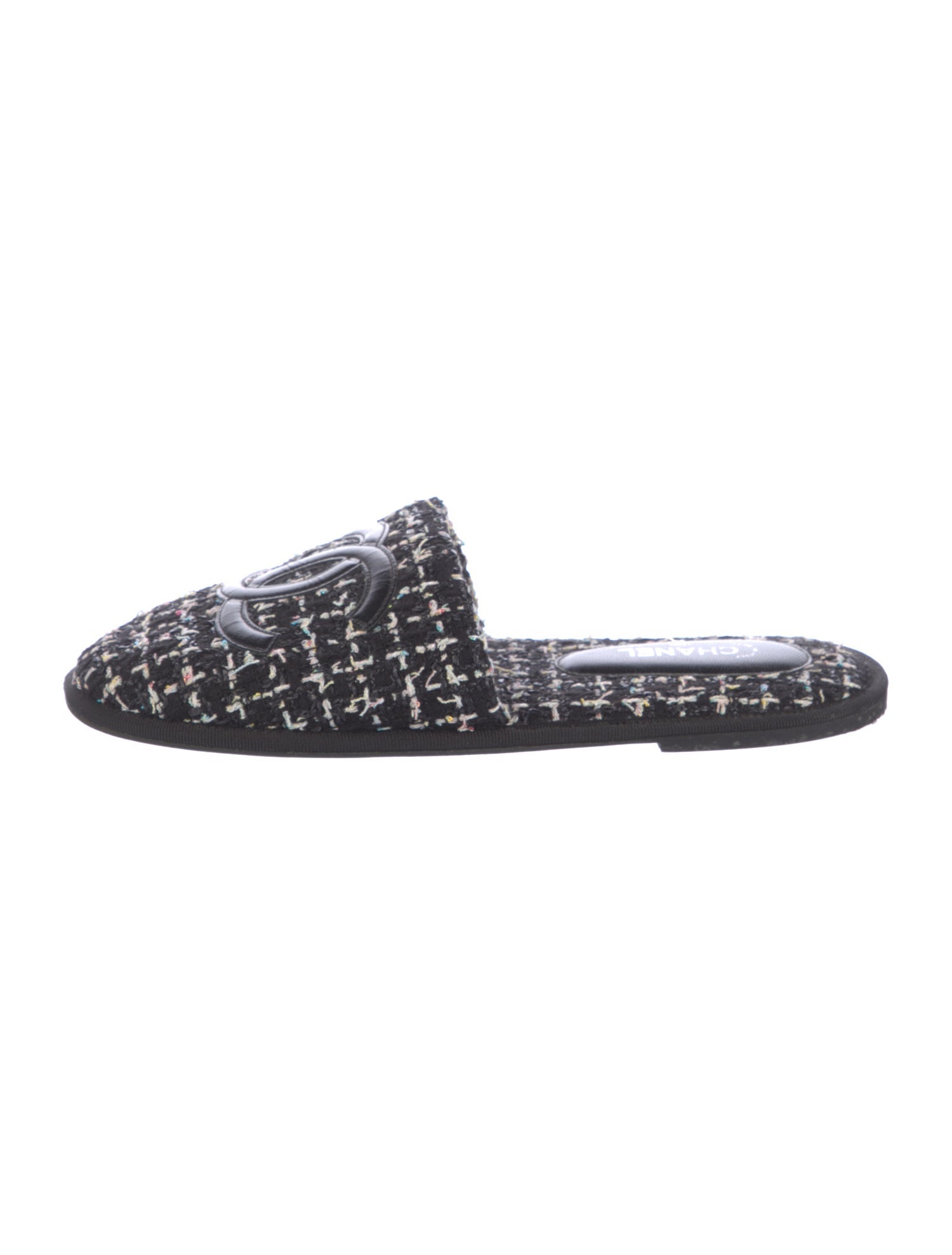 Chanel Interlocking CC Logo Tweed Slides