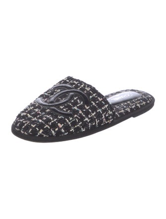 Chanel Interlocking CC Logo Tweed Slides