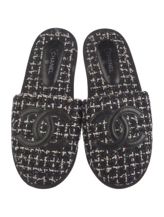Chanel Interlocking CC Logo Tweed Slides
