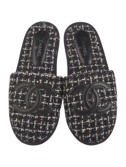 Chanel Interlocking CC Logo Tweed Slides