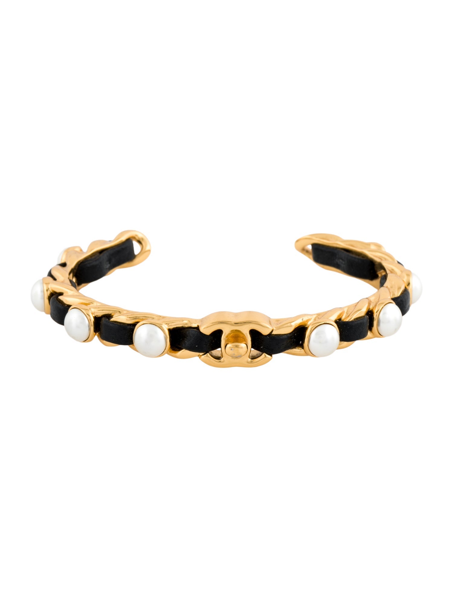 Chanel Faux Pearl & Leather CC Cuff Bracelet
