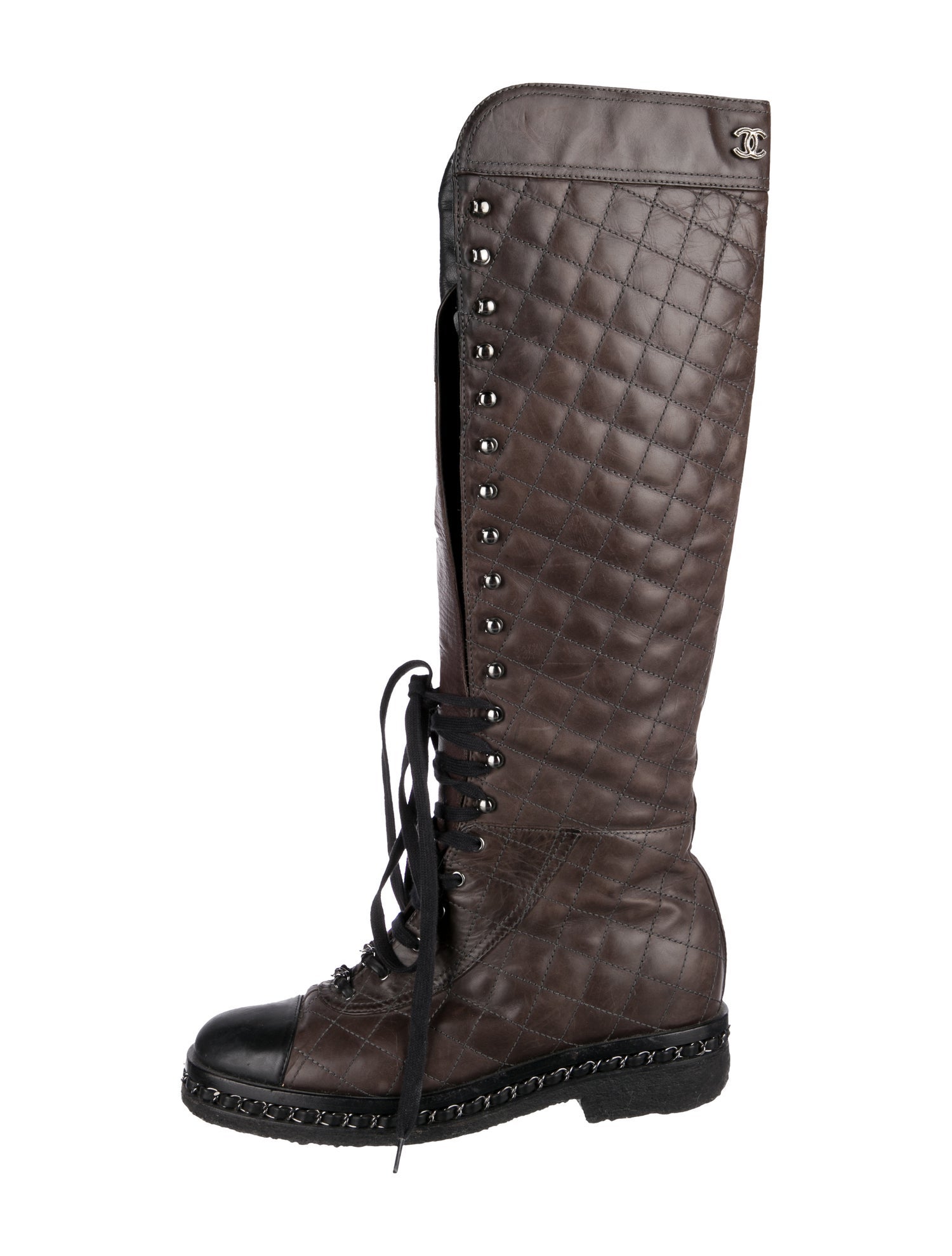 Chanel Quilted Pattern Leather Lace-Up Boots